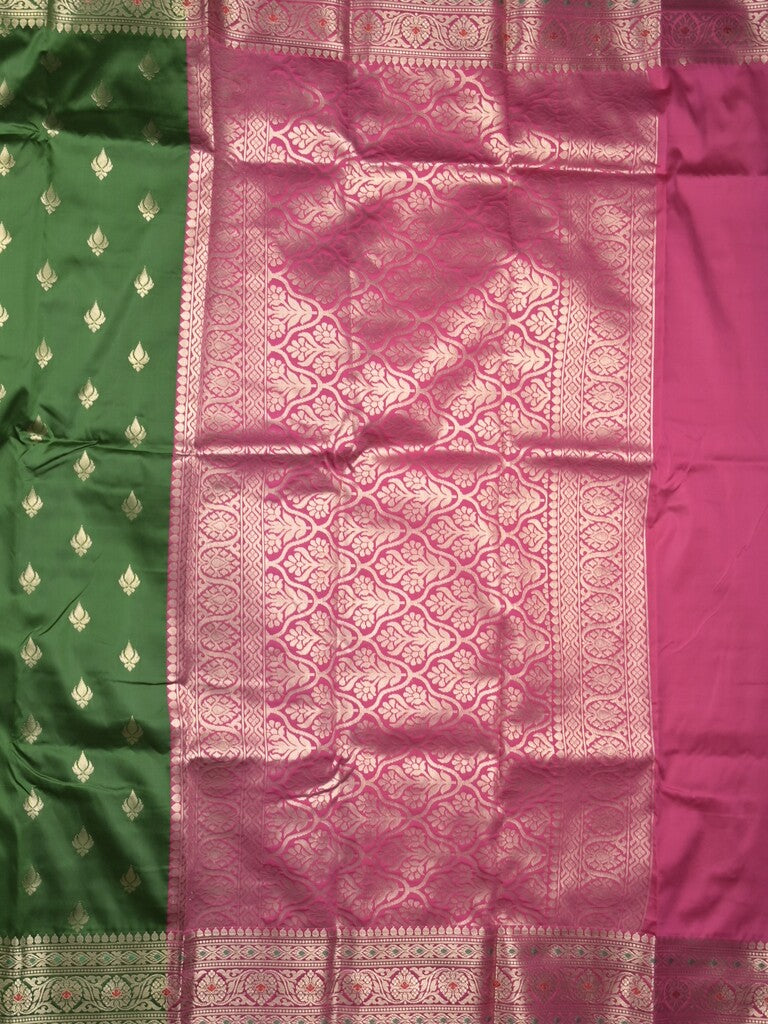 Banaras fancy saree bottle green color allover zari motifs & zari border with rich contrast pallu and plain blouse