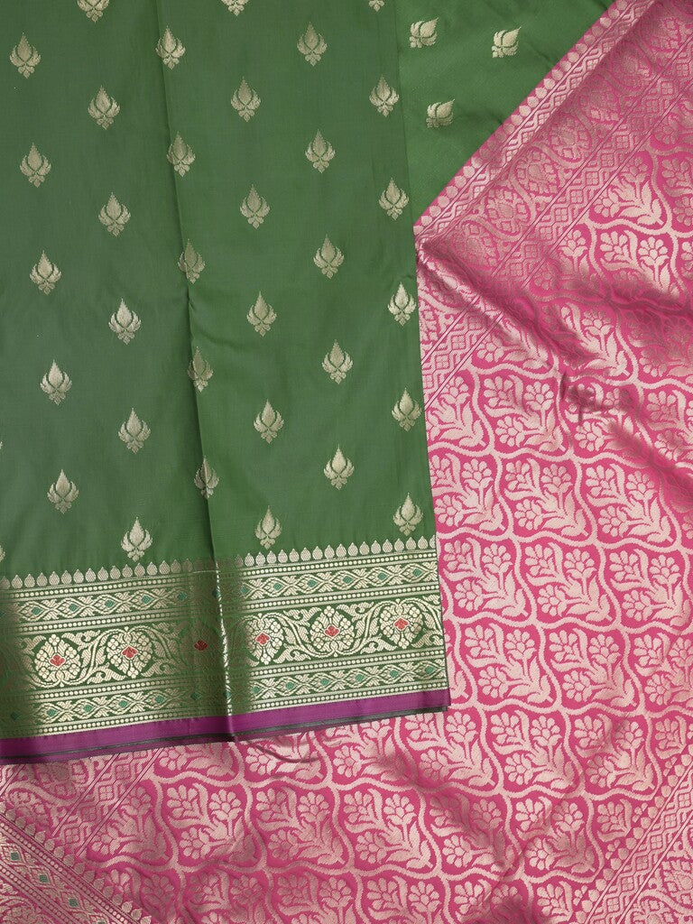 Banaras fancy saree bottle green color allover zari motifs & zari border with rich contrast pallu and plain blouse
