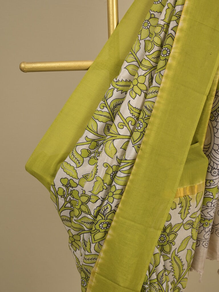Kalamkari silk saree in cream, featuring a contrast color border and plain matching blouse