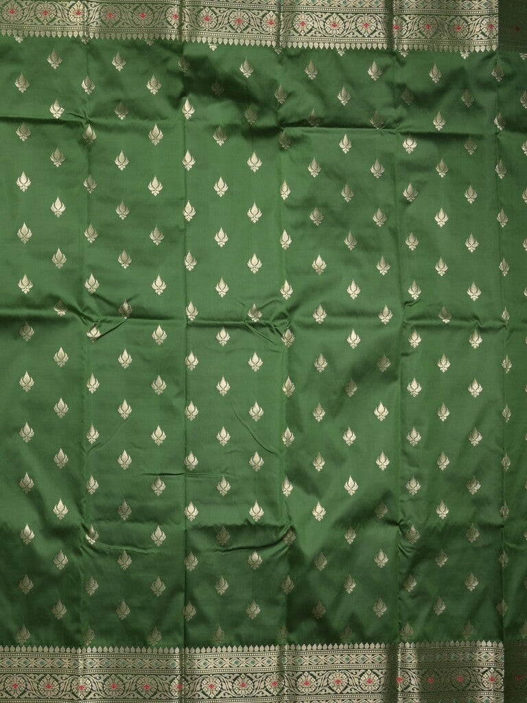 Banaras fancy saree bottle green color allover zari motifs & zari border with rich contrast pallu and plain blouse