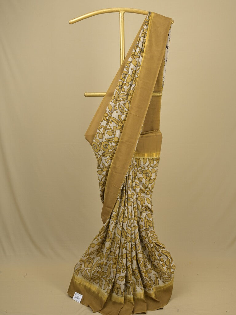 Kalamkari silk saree in cream, featuring a contrast color border and plain matching blouse