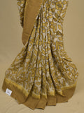 Kalamkari silk saree in cream, featuring a contrast color border and plain matching blouse