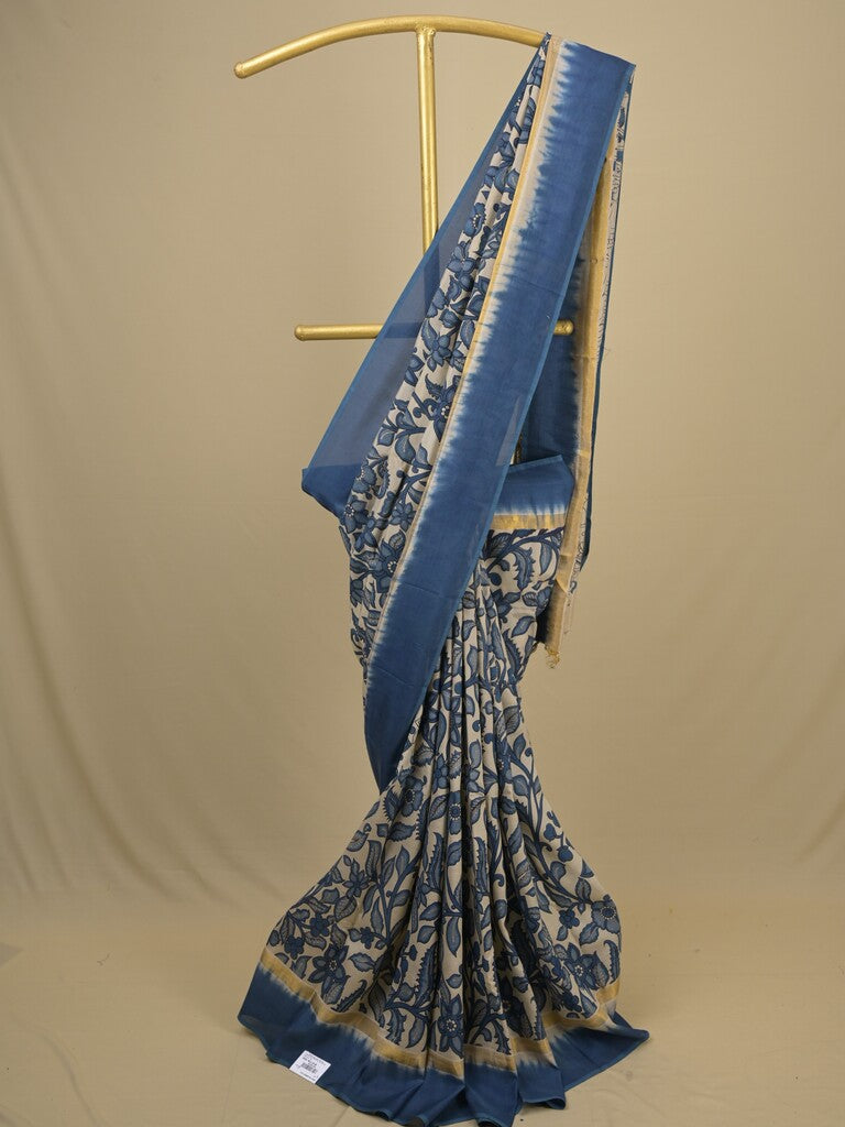 Kalamkari silk saree in cream, featuring a contrast color border and plain matching blouse