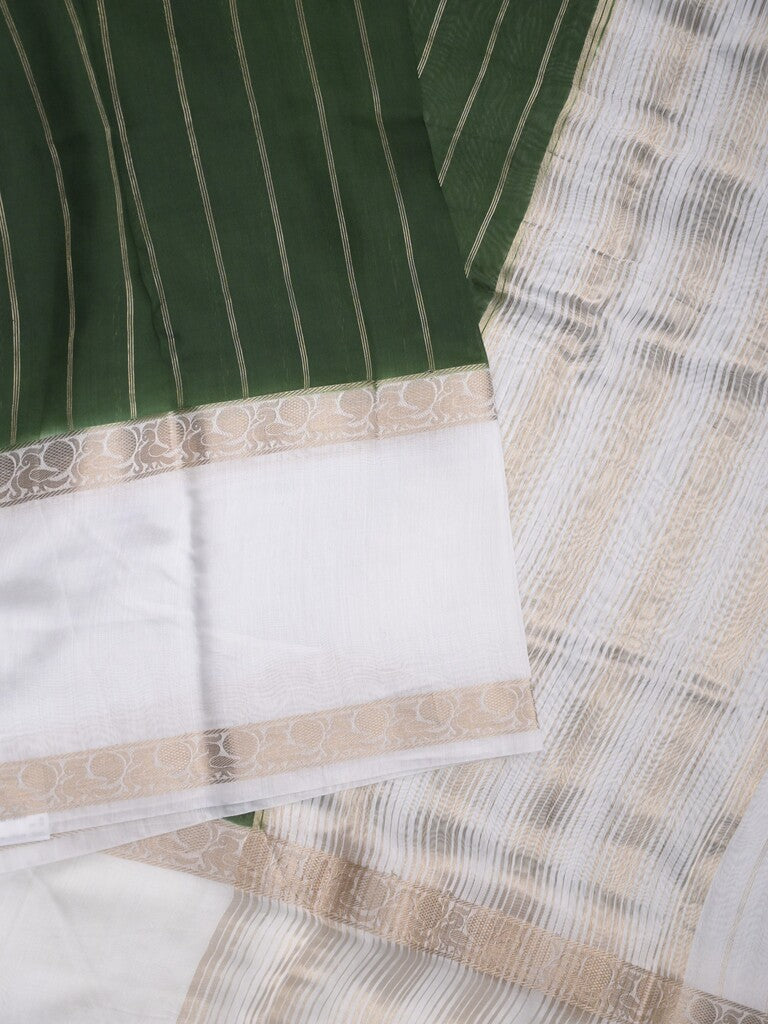 Maheshwari fancy saree bottle green color allover zari motifs & zari border with zari pallu and contrast blouse