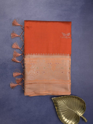 Green mango fancy saree for women | orange | zari border | party wear