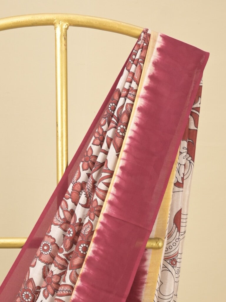 Kalamkari silk saree in cream, featuring a contrast color border and plain matching blouse