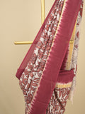 Kalamkari silk saree in cream, featuring a contrast color border and plain matching blouse