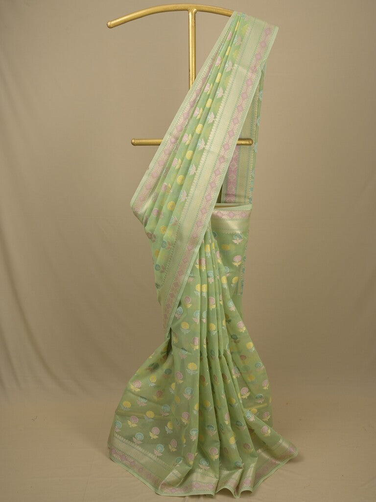 Chanderi fancy saree in light green color allover weaves & zari border with brocade pallu and brocade blouse