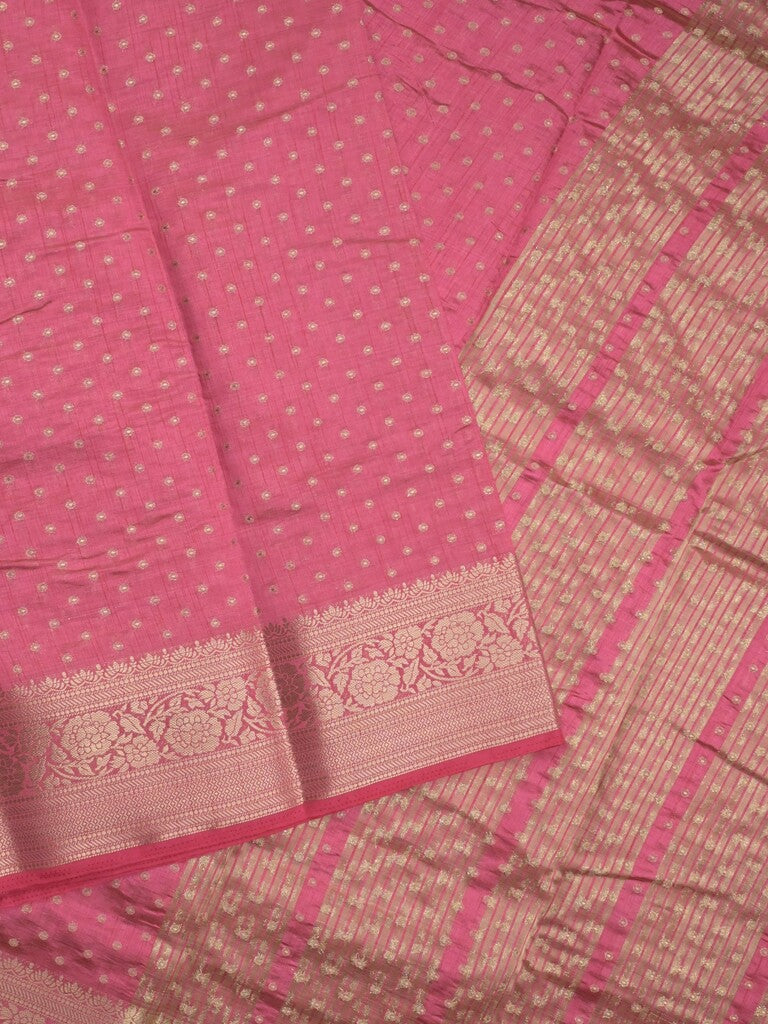 Dupion fancy saree pink color allover zari motifs & zari border with stripes pallu and running blouse