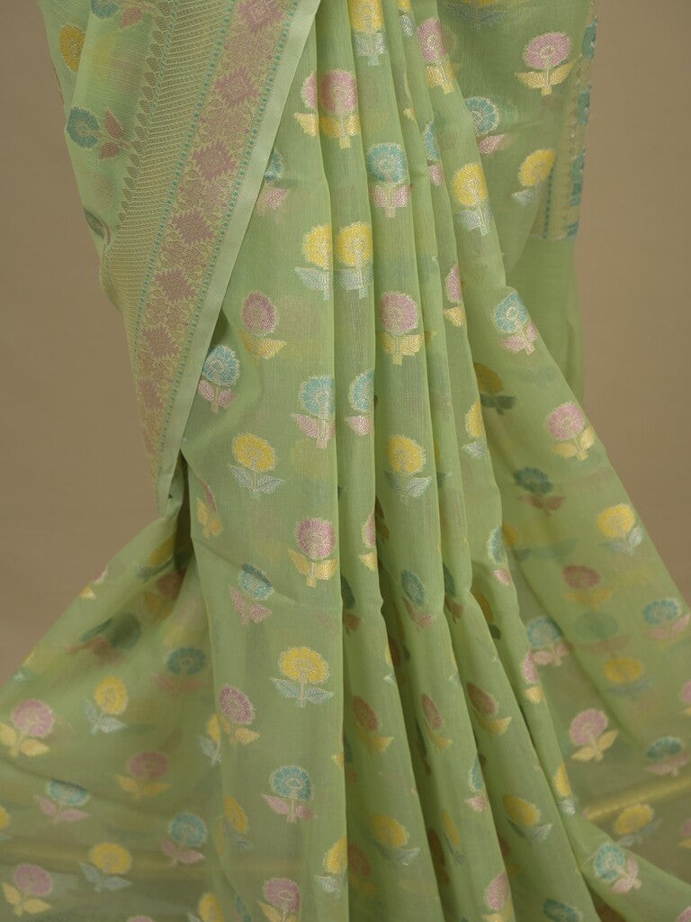 Chanderi fancy saree in light green color allover weaves & zari border with brocade pallu and brocade blouse