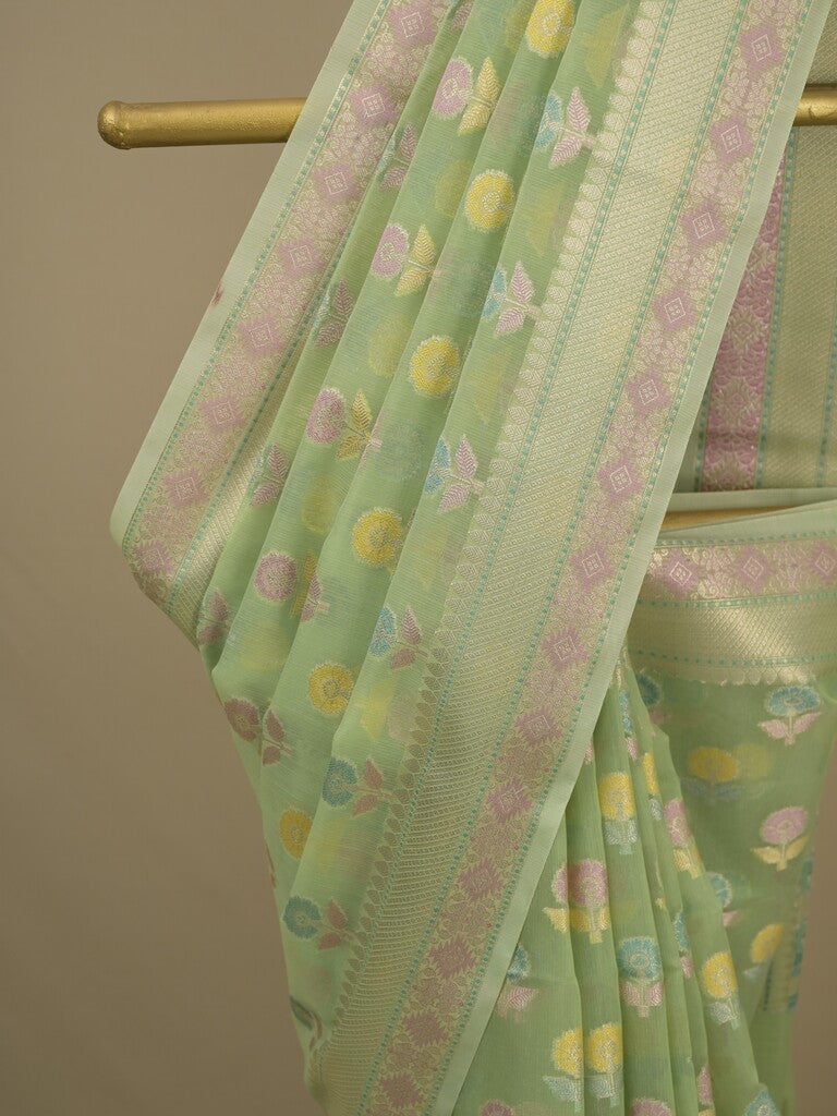 Chanderi fancy saree in light green color allover weaves & zari border with brocade pallu and brocade blouse