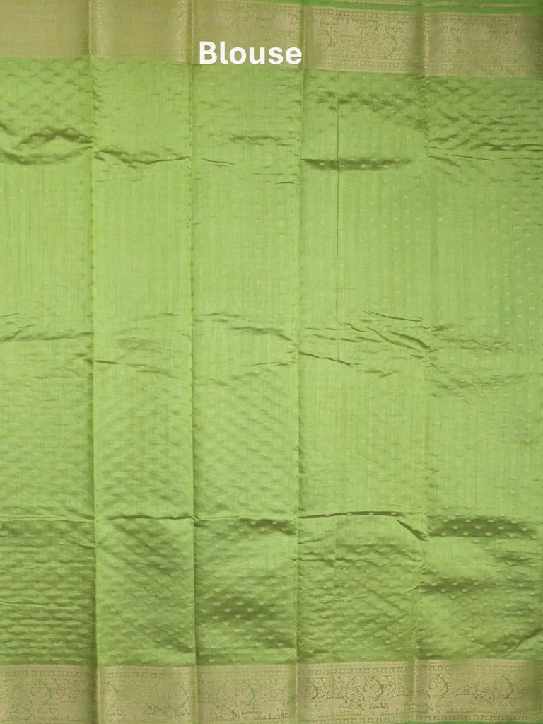 Dupion fancy saree parrot green color allover zari motifs & zari border with stripes pallu and running blouse