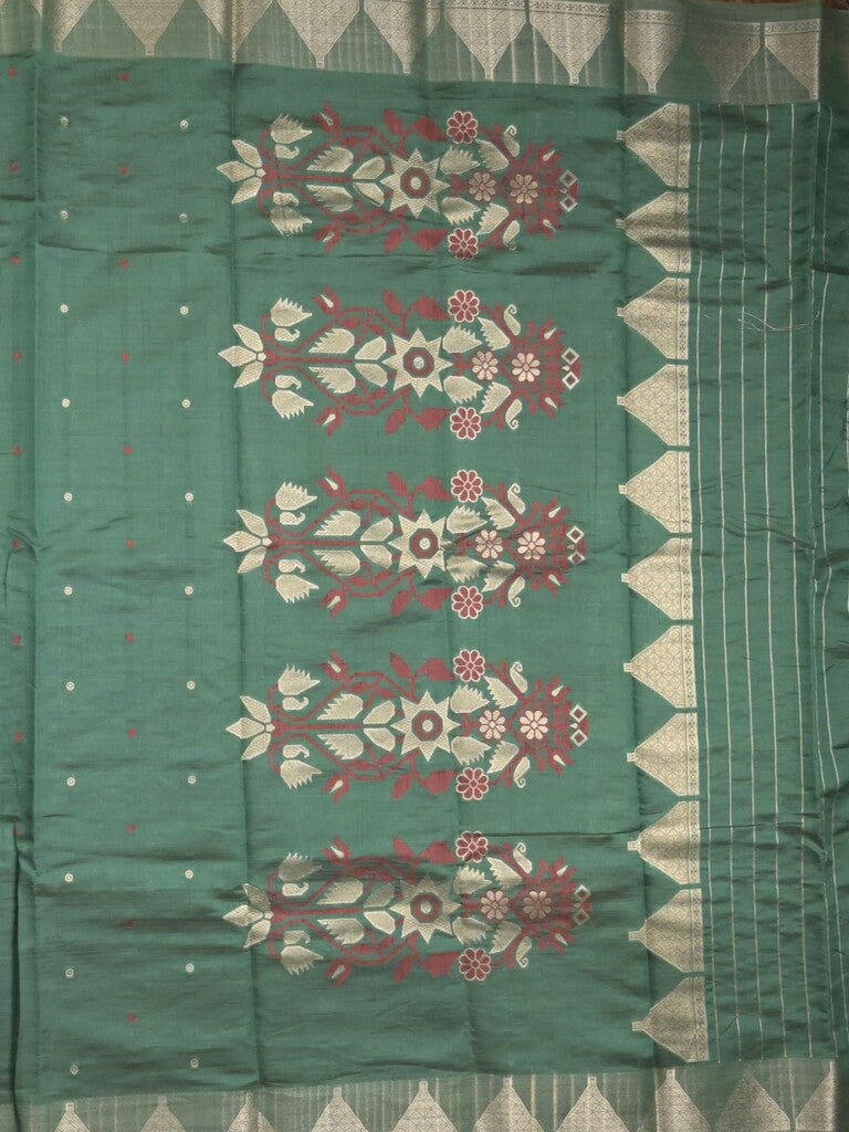 Dupion fancy saree dark green color allover zari motifs & zari border with zari pallu and running blouse