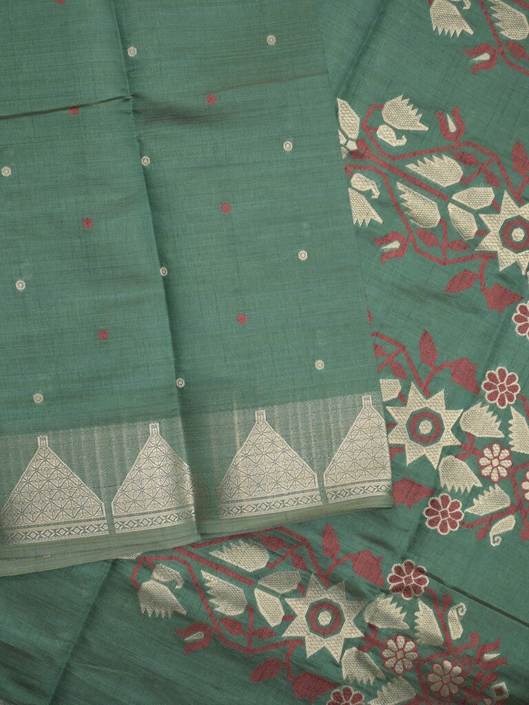 Dupion fancy saree dark green color allover zari motifs & zari border with zari pallu and running blouse