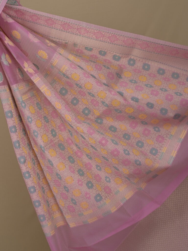Chanderi fancy saree in pink color allover weaves & zari border with brocade pallu and brocade blouse