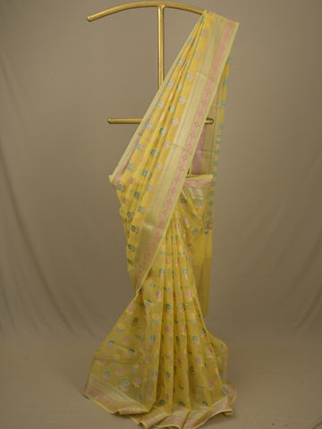 Chanderi fancy saree in yellow color allover weaves & zari border with brocade pallu and brocade blouse