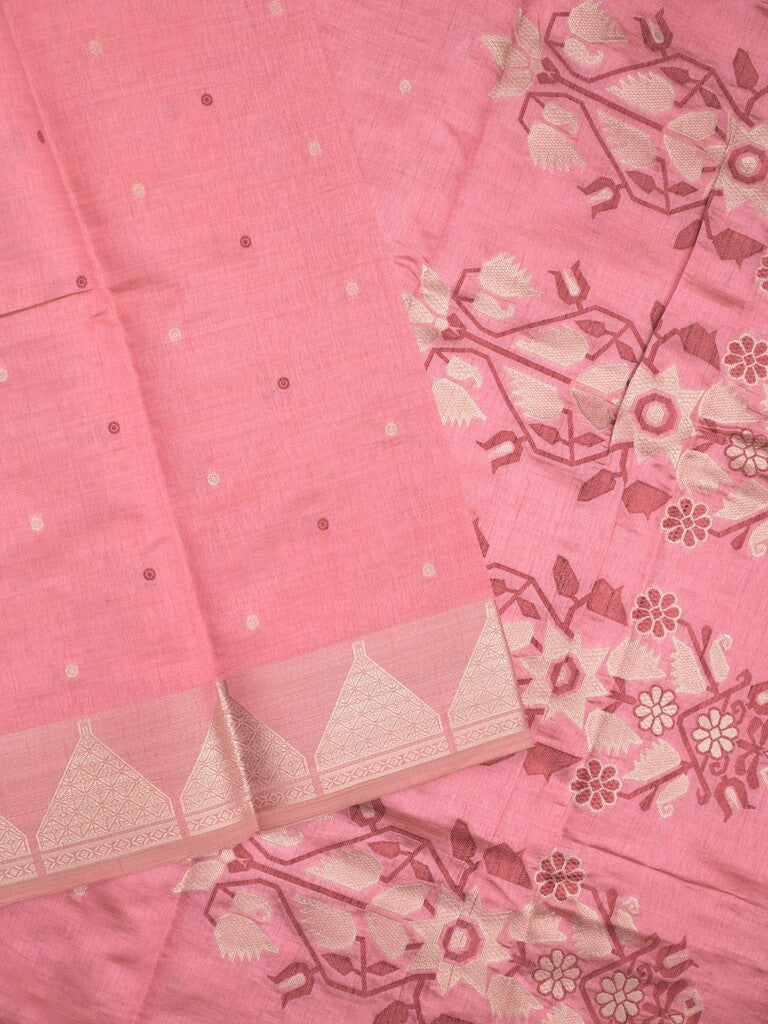 Dupion fancy saree light pink color allover zari motifs & zari border with zari pallu and running blouse