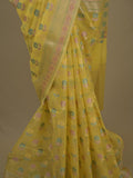 Chanderi fancy saree in yellow color allover weaves & zari border with brocade pallu and brocade blouse