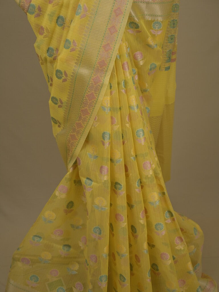 Chanderi fancy saree in yellow color allover weaves & zari border with brocade pallu and brocade blouse