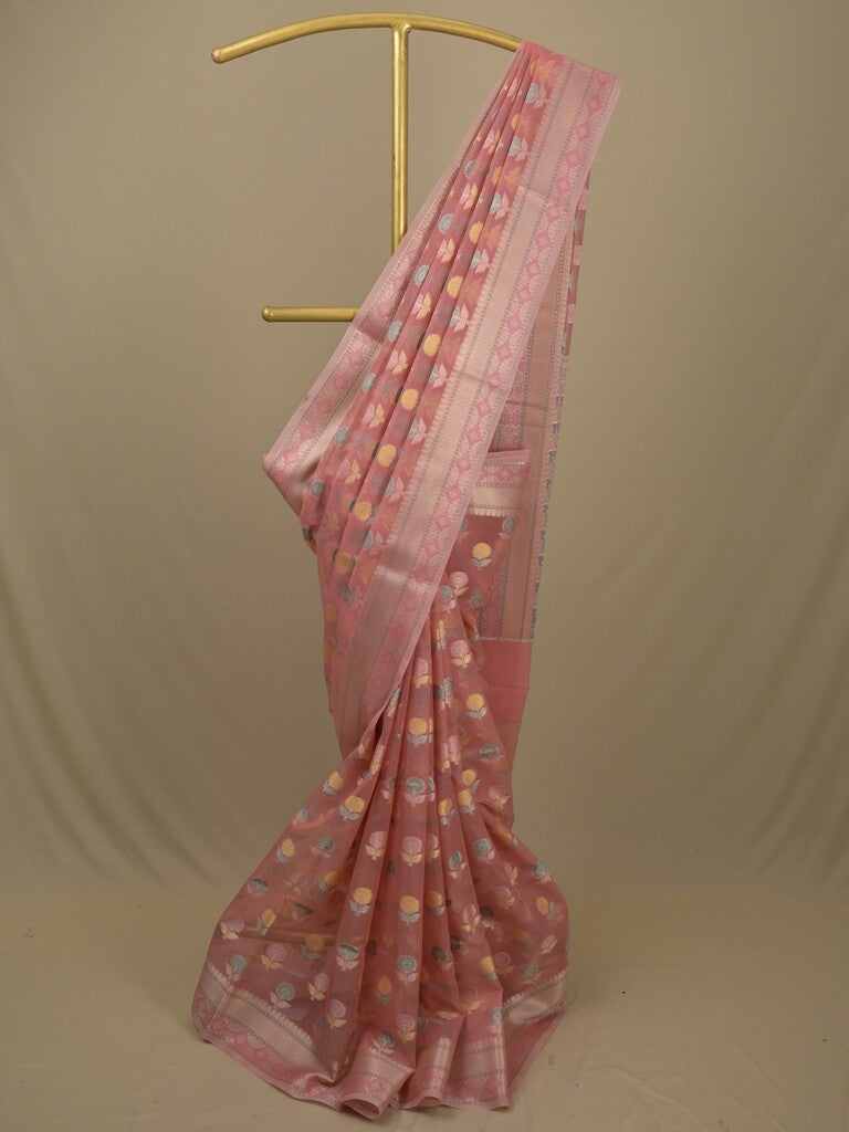 Chanderi fancy saree in peach color allover weaves & zari border with brocade pallu and brocade blouse