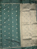 Satin silk fancy saree dark green color allover zari motifs & zari border with rich pallu and contrast blouse