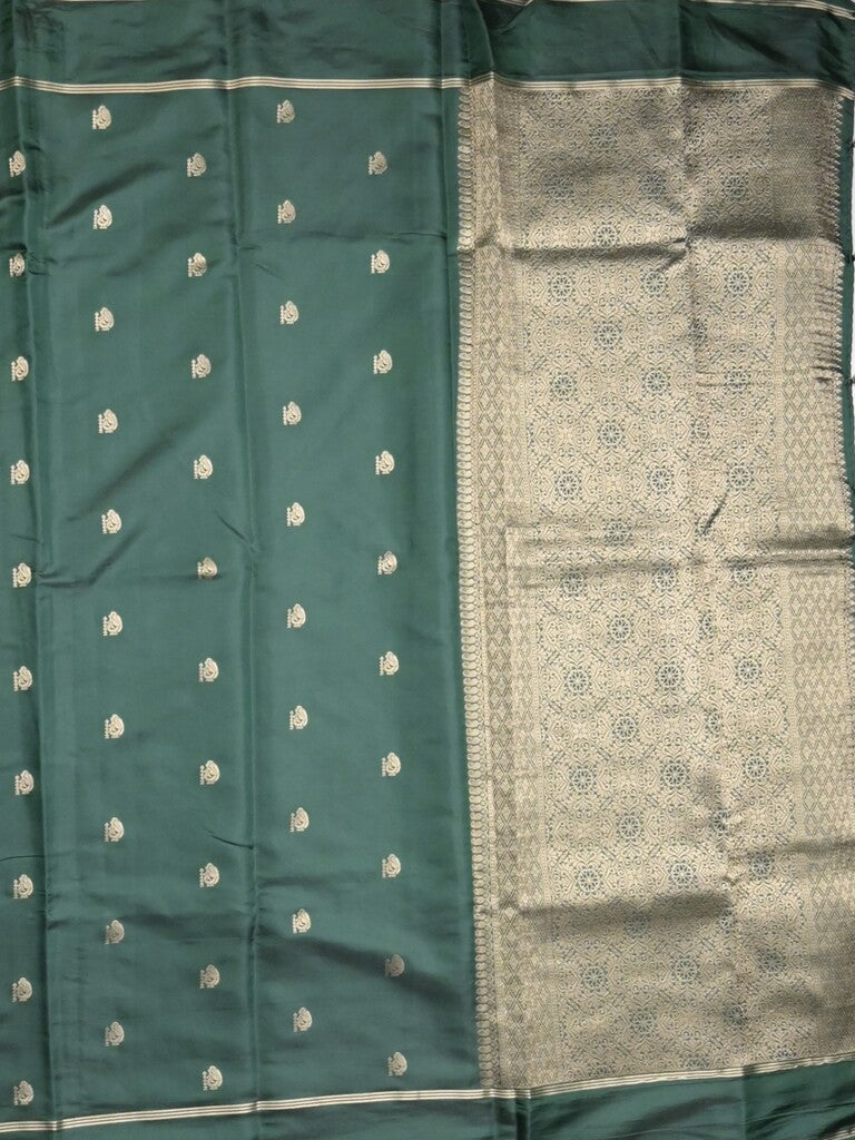 Satin silk fancy saree dark green color allover zari motifs & zari border with rich pallu and contrast blouse