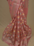 Chanderi fancy saree in peach color allover weaves & zari border with brocade pallu and brocade blouse