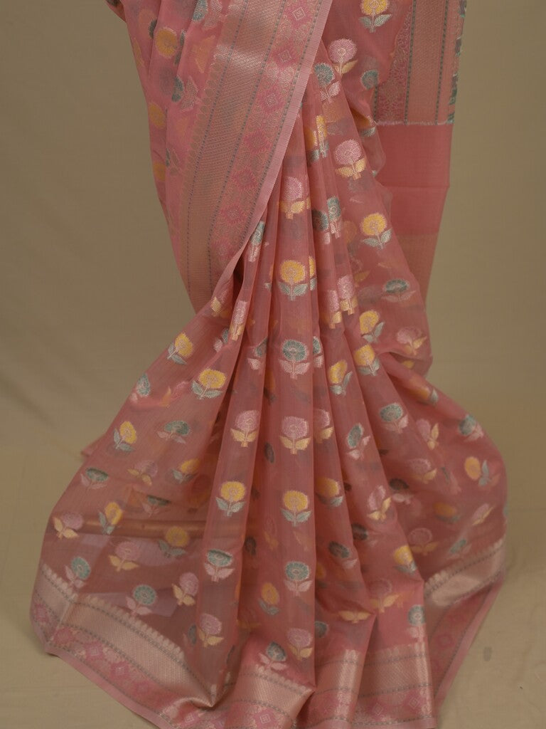 Chanderi fancy saree in peach color allover weaves & zari border with brocade pallu and brocade blouse