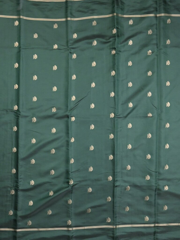 Satin silk fancy saree dark green color allover zari motifs & zari border with rich pallu and contrast blouse