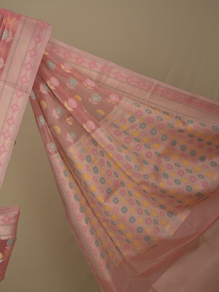 Chanderi fancy saree in peach color allover weaves & zari border with brocade pallu and brocade blouse