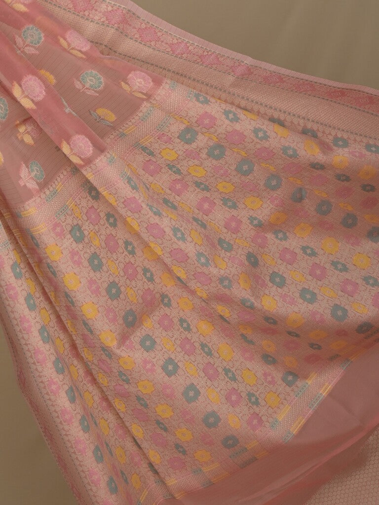 Chanderi fancy saree in peach color allover weaves & zari border with brocade pallu and brocade blouse