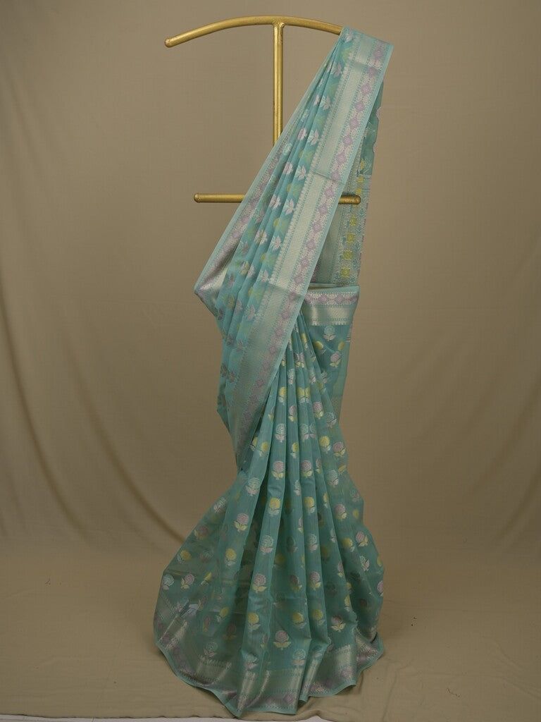 Chanderi fancy saree in light blue color allover weaves & zari border with brocade pallu and brocade blouse