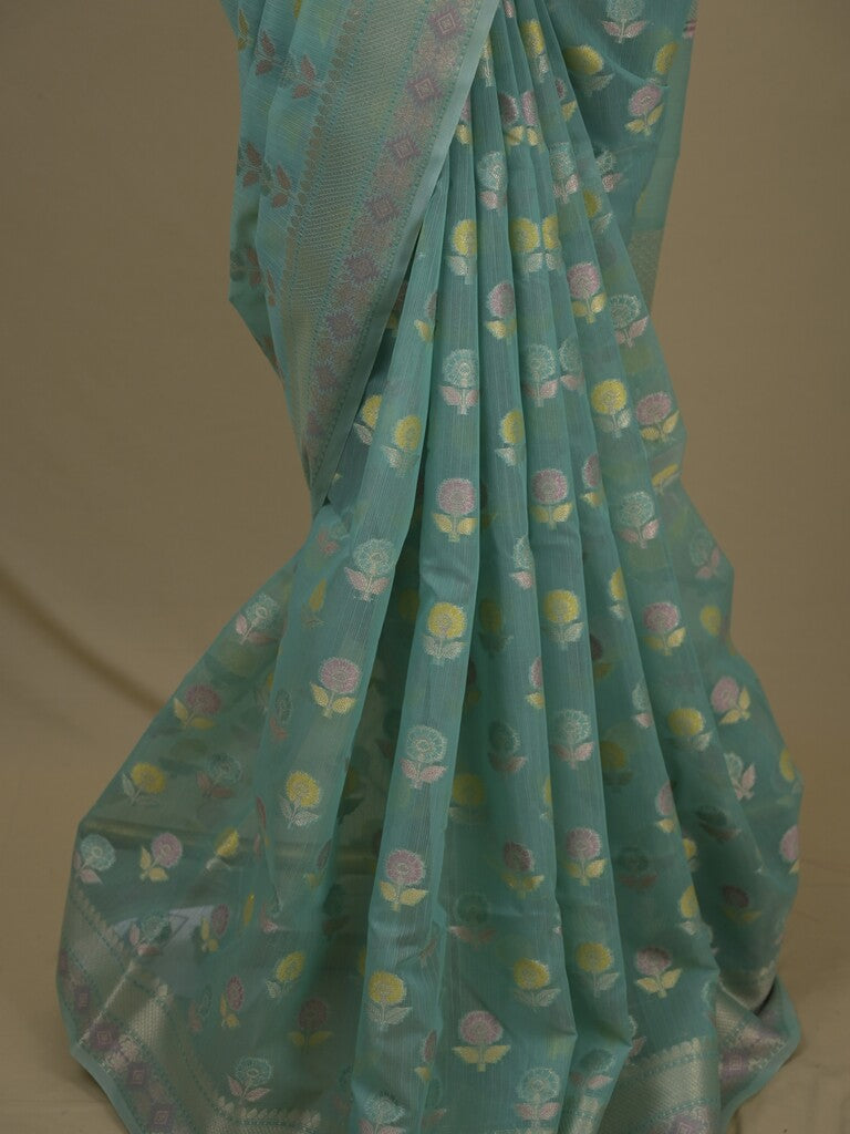 Chanderi fancy saree in light blue color allover weaves & zari border with brocade pallu and brocade blouse