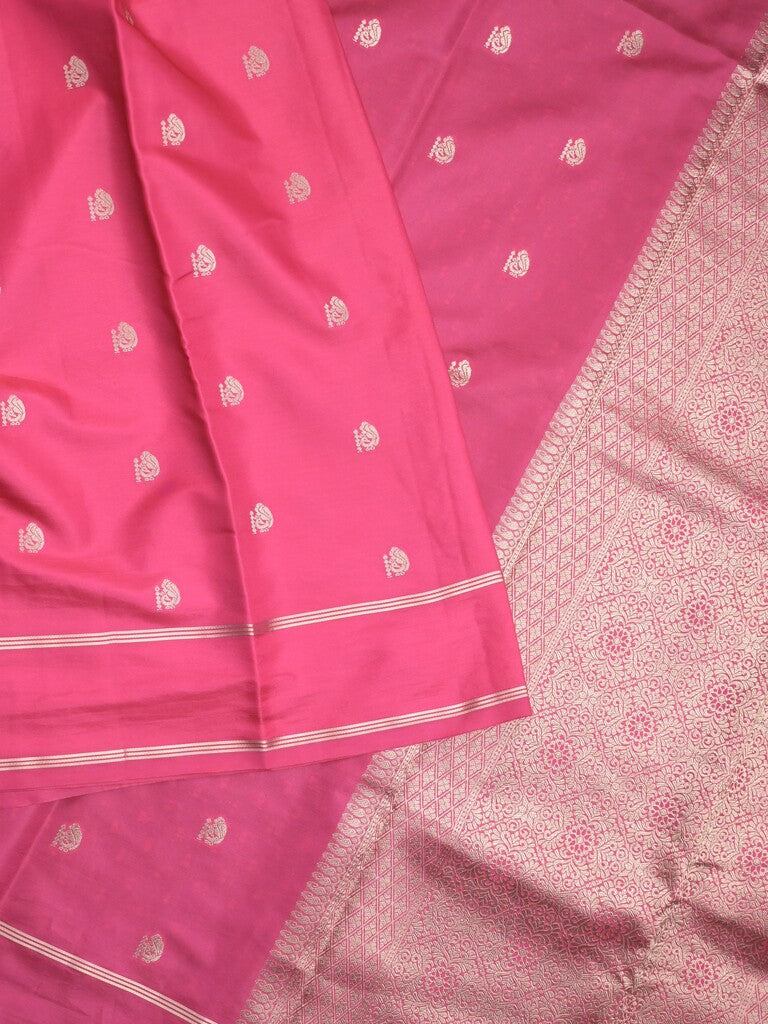 Satin silk fancy saree pink color allover zari motifs & zari border with rich pallu and contrast blouse