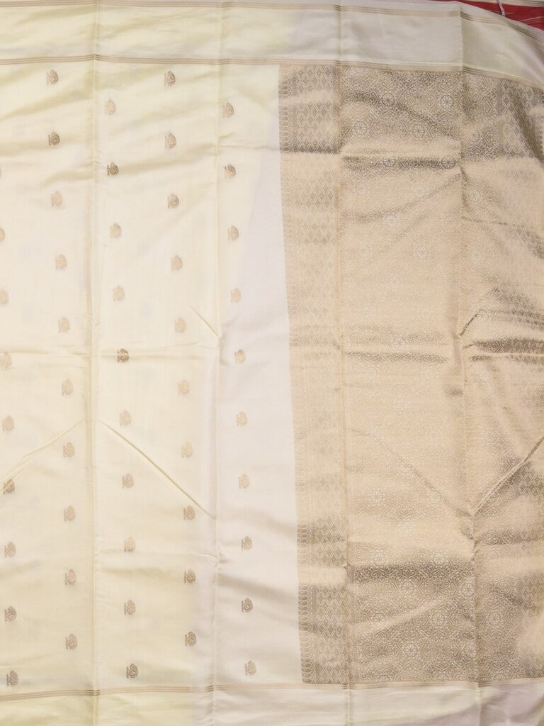 Satin silk fancy saree white color allover zari motifs & zari border with rich pallu and contrast blouse