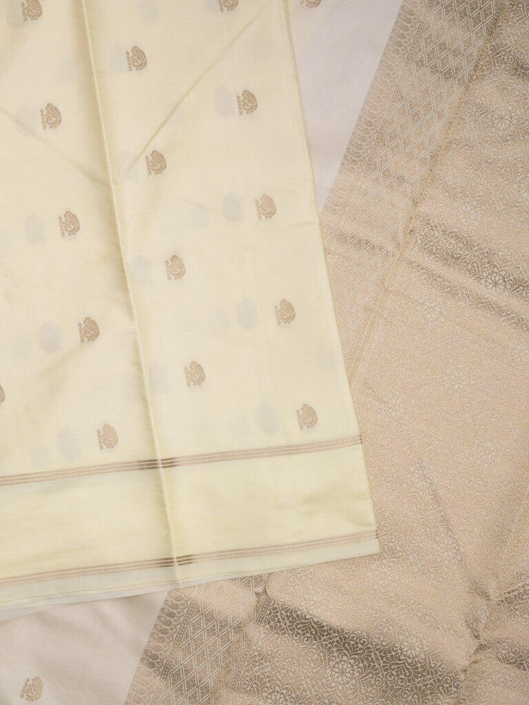 Satin silk fancy saree white color allover zari motifs & zari border with rich pallu and contrast blouse