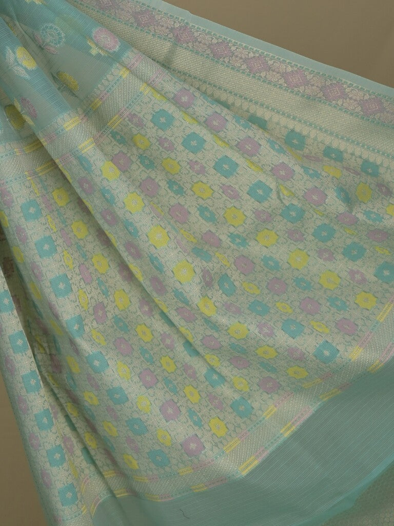 Chanderi fancy saree in light blue color allover weaves & zari border with brocade pallu and brocade blouse
