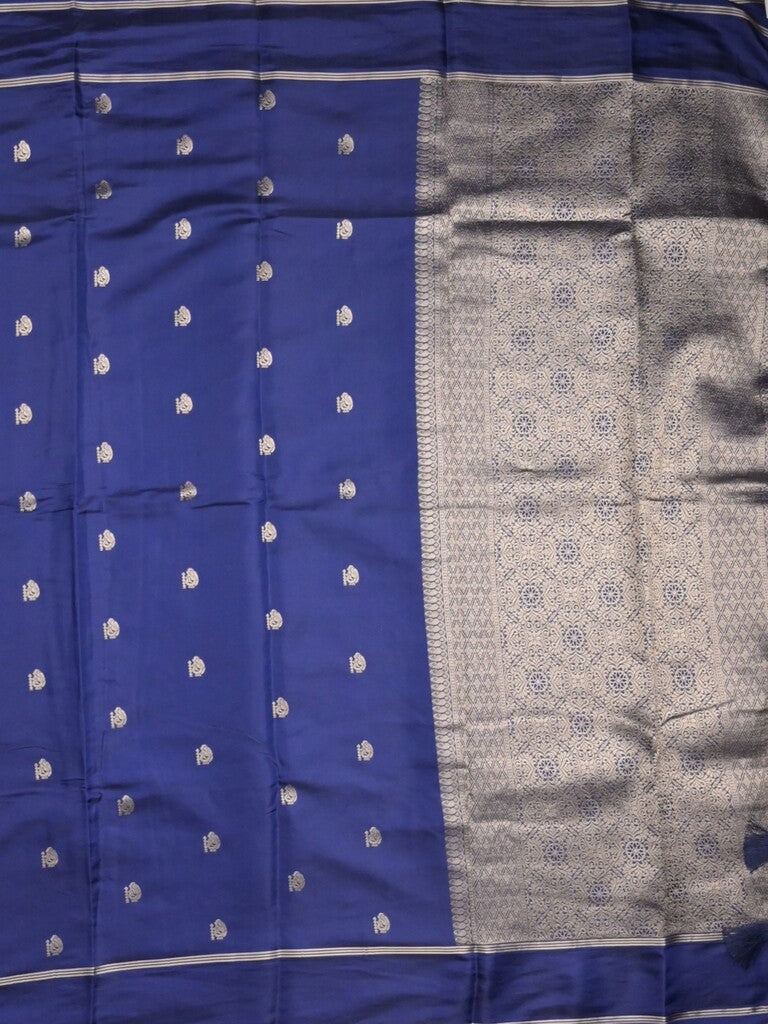 Satin silk fancy saree royal blue color allover zari motifs & zari border with rich pallu and contrast blouse