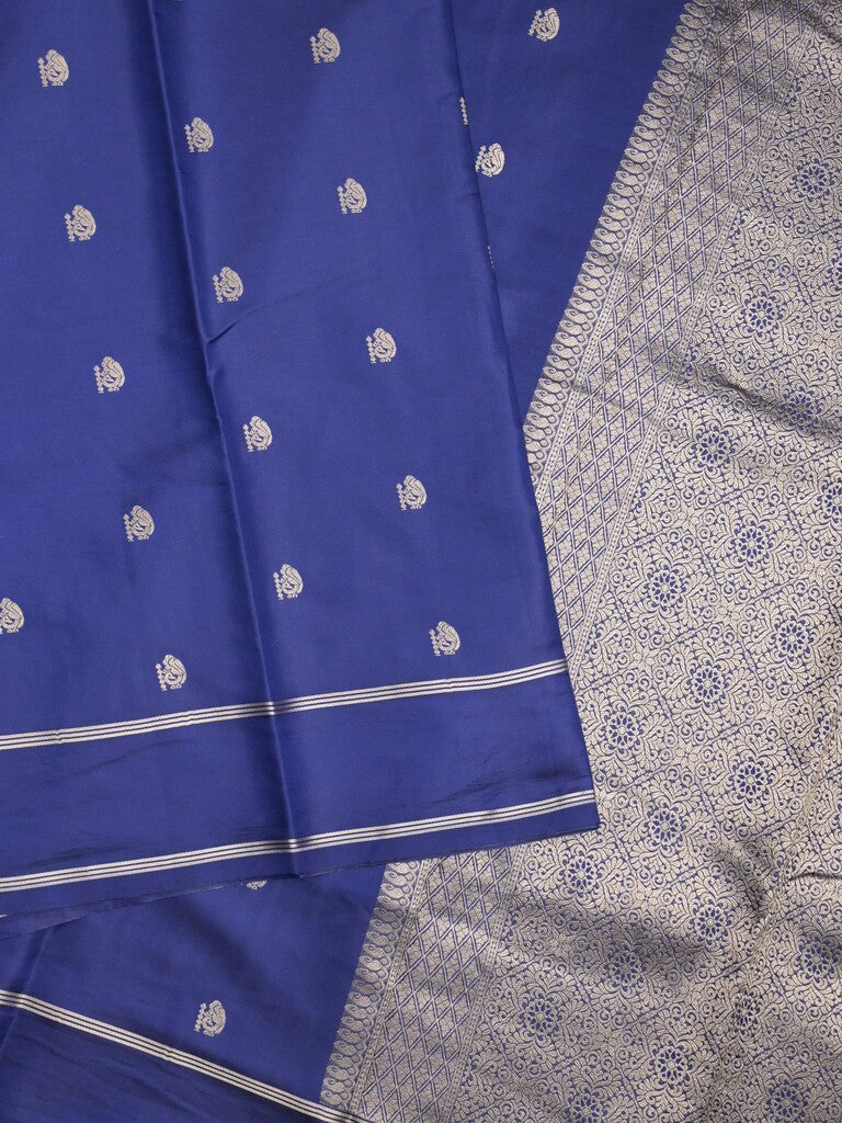 Satin silk fancy saree royal blue color allover zari motifs & zari border with rich pallu and contrast blouse