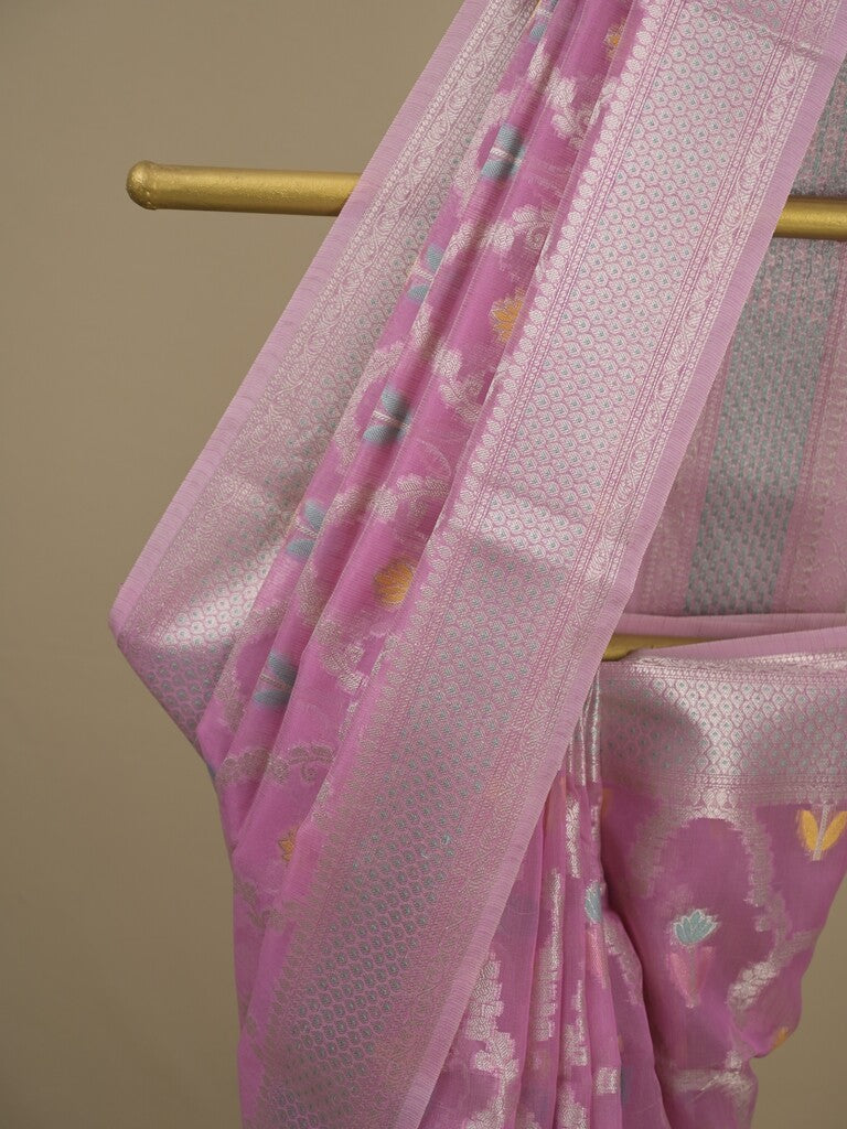 Chanderi fancy saree in light purple color allover weaves & zari border with brocade pallu and brocade blouse