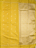 Satin silk fancy saree bright yellow color allover zari motifs & zari border with rich pallu and contrast blouse