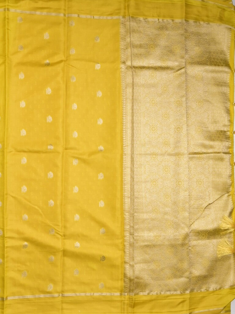 Satin silk fancy saree bright yellow color allover zari motifs & zari border with rich pallu and contrast blouse