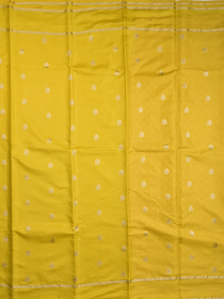 Satin silk fancy saree bright yellow color allover zari motifs & zari border with rich pallu and contrast blouse