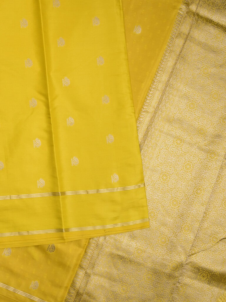 Satin silk fancy saree bright yellow color allover zari motifs & zari border with rich pallu and contrast blouse