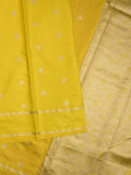 Satin silk fancy saree bright yellow color allover zari motifs & zari border with rich pallu and contrast blouse