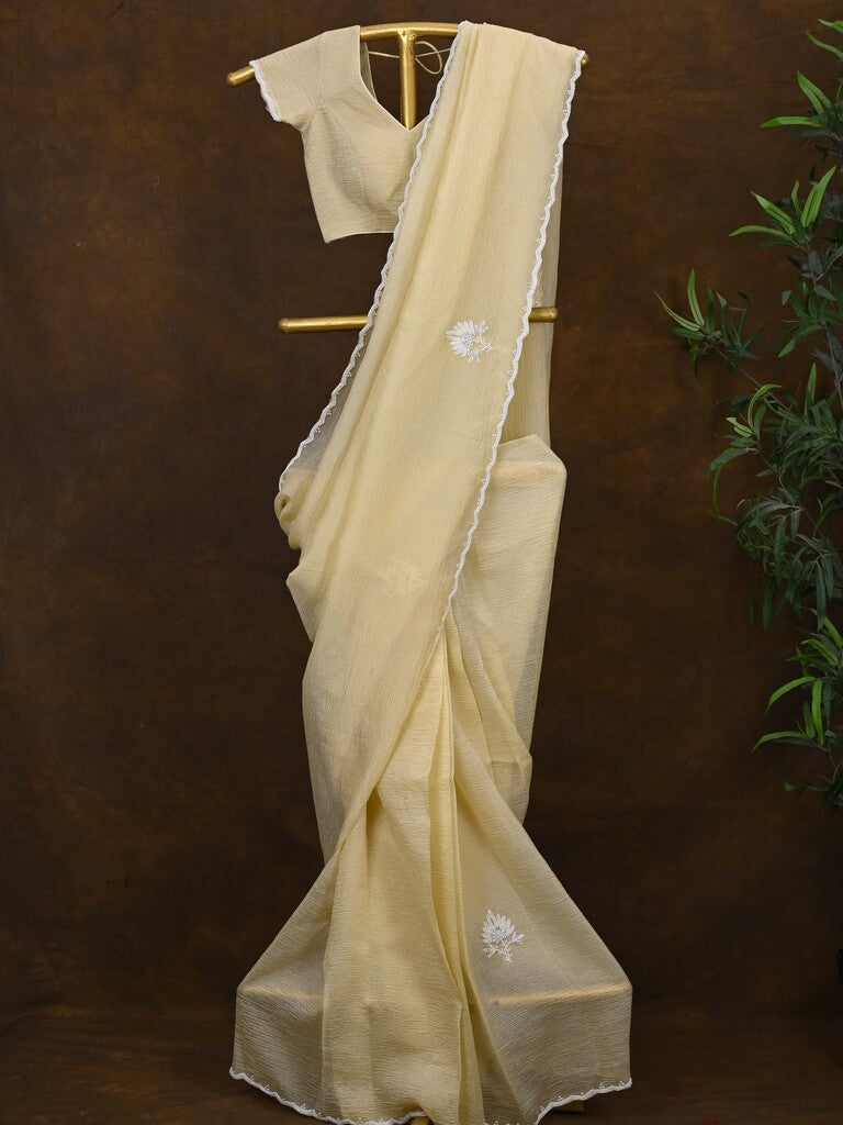 Crush organza fancy saree cream color allover embroidery motifs & embroidery border with running pallu and stitched blouse
