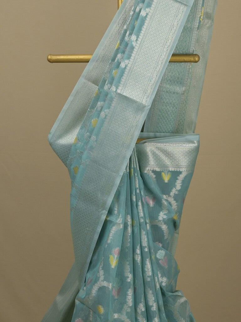 Chanderi fancy saree in light blue color allover weaves & zari border with brocade pallu and brocade blouse