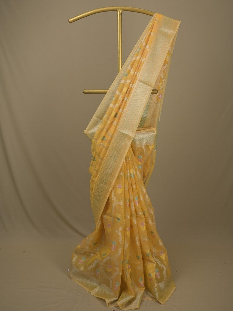 Chanderi fancy saree in yellow color allover weaves & zari border with brocade pallu and brocade blouse