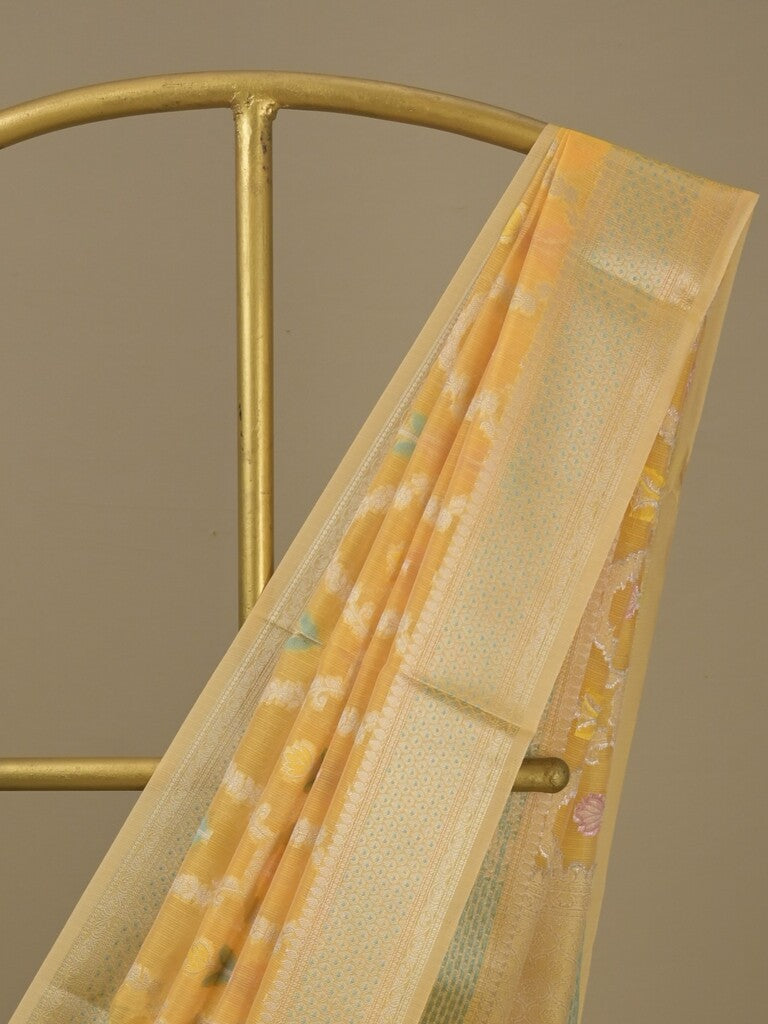 Chanderi fancy saree in yellow color allover weaves & zari border with brocade pallu and brocade blouse