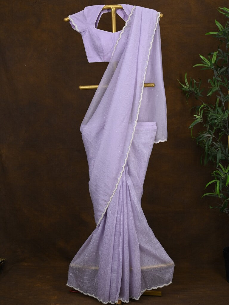 Crush organza fancy saree lavender color allover embroidery motifs & embroidery border with running pallu and stitched blouse